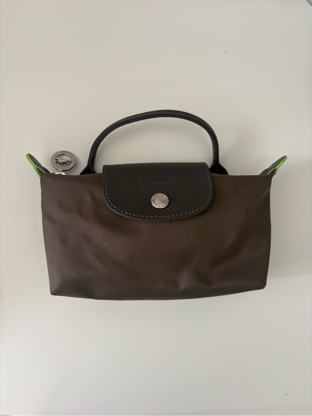 Longchamp Le Pliage XS Brown Leather & Nylon Crossbody Top Handle Rare Lime Trim - Picture 2 of 11